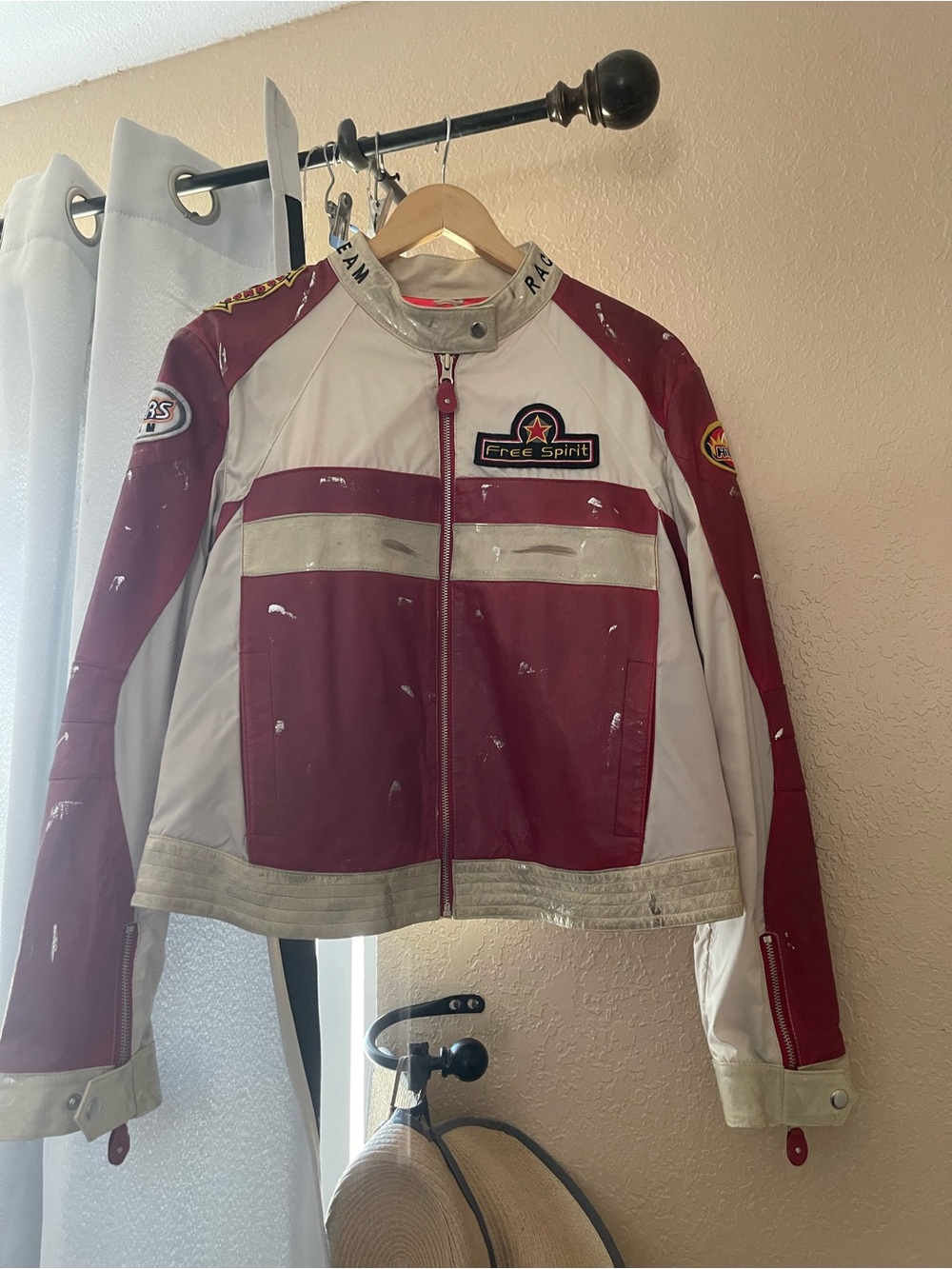 Wilsons Leather Two-Tone Burgundy Red  and Cream Motorcycle Jacket